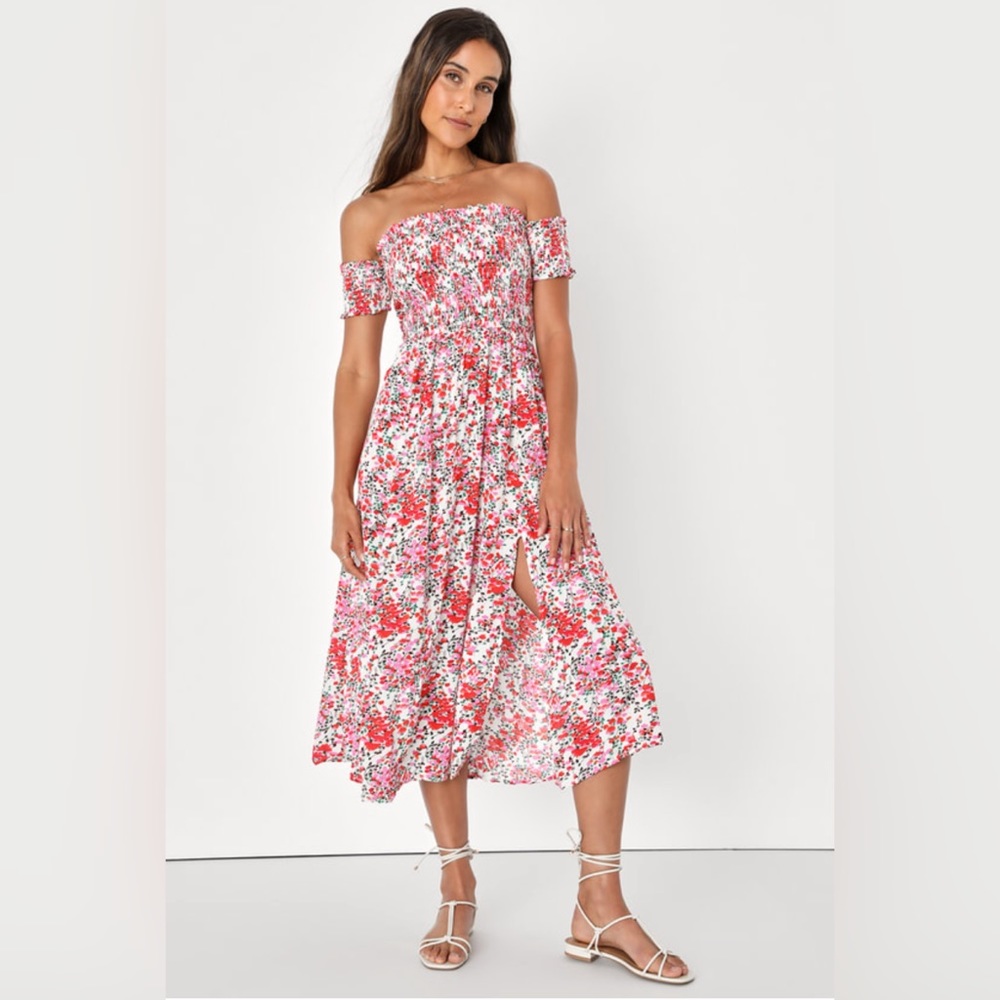 NWT Lulus Cream Prink Floral Print Off-the-Shoulder Midi Dress - XL